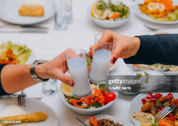 close up view of couple having fun and toasting with turkish rakı at a traditional dinner - ouzo stock pictures, royalty-free photos & images