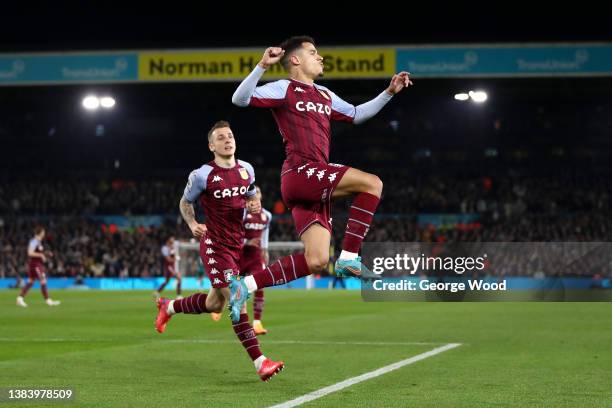 Philippe Coutinho of Aston Villa celebrates after scoring their team's first goal during the Premier League match between Leeds United and Aston...