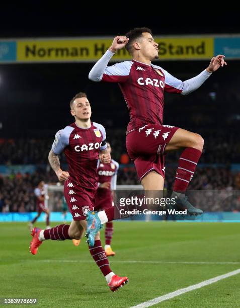 Philippe Coutinho of Aston Villa celebrates after scoring their team's first goal during the Premier League match between Leeds United and Aston...