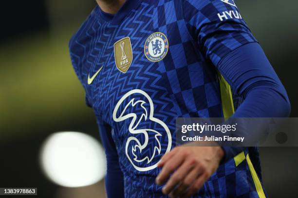 Detailed view of the Chelsea home shirt, featuring the Three logo during the Premier League match between Norwich City and Chelsea at Carrow Road on...