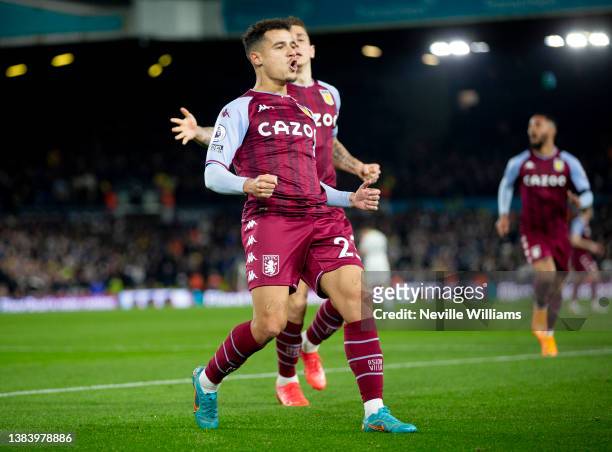 Philippe Coutinho of Aston Villa celebrates after scoring during the Premier League match between Leeds United and Aston Villa at Elland Road on...