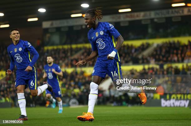 Trevoh Chalobah celebrates with Thiago Silva of Chelsea after scoring their team's first goal during the Premier League match between Norwich City...