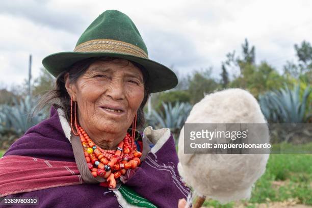 portrait of an elderly andes indigenous woman in her authentic location near to ambato, tungurahua province, ecuador, latin america - ecuadorian ethnicity stock pictures, royalty-free photos & images