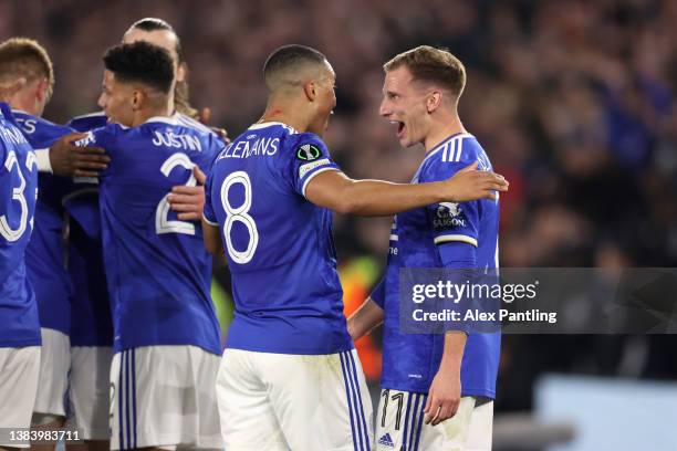 Marc Albrighton celebrates with Youri Tielemans of Leicester City after scoring their team's first goal during the UEFA Conference League Round of 16...