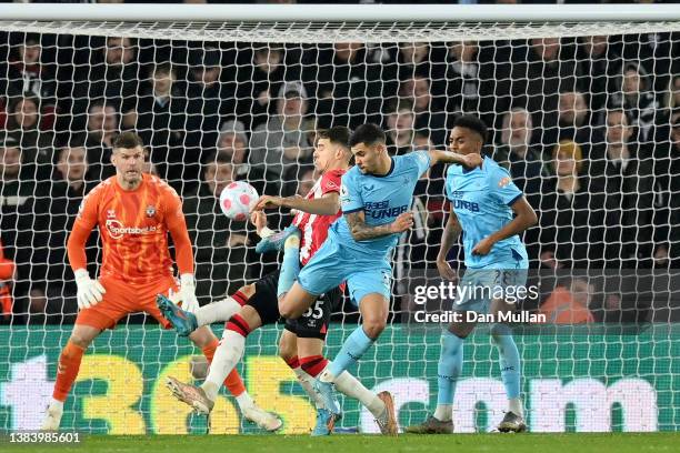 Bruno Guimaraes of Newcastle United scores their sides second goal of the game during the Premier League match between Southampton and Newcastle...