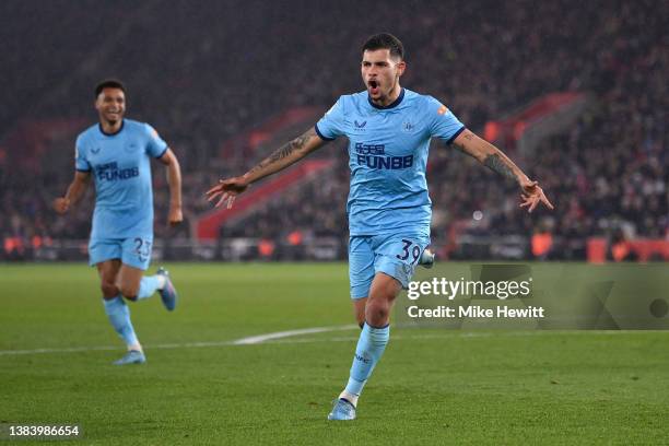 Bruno Guimaraes of Newcastle United celebrates scoring their sides second goal of the game during the Premier League match between Southampton and...