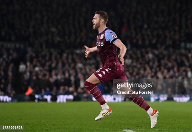 Calum Chambers of Aston Villa celebrates after scoring their team's fourth goal during the Premier League match between Leeds United and Aston Villa...