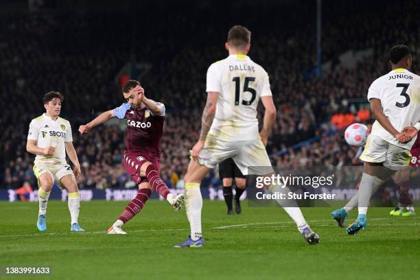 Calum Chambers of Aston Villa scores their team's third goal during the Premier League match between Leeds United and Aston Villa at Elland Road on...