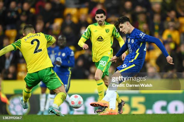 Kai Havertz of Chelsea scores their team's third goal during the Premier League match between Norwich City and Chelsea at Carrow Road on March 10,...