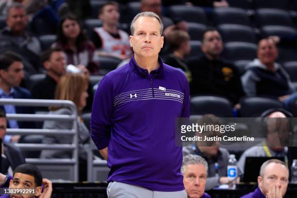 Head coach Chris Collins of the Northwestern Wildcats looks on during the second half in the game against the Iowa Hawkeyes during the Big Ten...