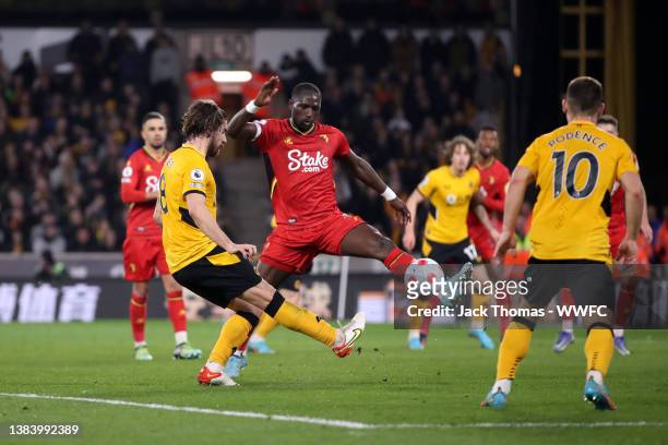 Ruben Neves of Wolverhampton Wanderers scores their team's fourth goal during the Premier League match between Wolverhampton Wanderers and Watford at...