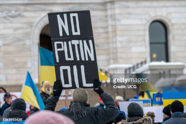 St. Paul, Minnesota. People rally to support the Ukrainian people and Ukraine's sovereignty and stop the war that Russia is waging against them.