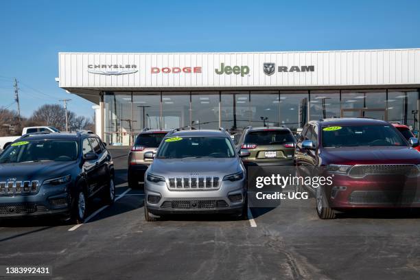 Lansing, Kansas. Car dealership lot displaying new 2021 vehicles on the lot.