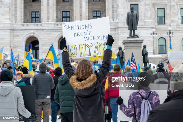 St. Paul, Minnesota. People rally to support the Ukrainian people and Ukraine's sovereignty and stop the war that Russia is waging against them.