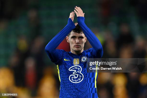 Andreas Christensen of Chelsea applauds fans after their sides victory during the Premier League match between Norwich City and Chelsea at Carrow...