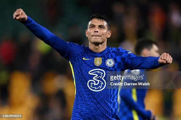 Thiago Silva of Chelsea acknowledges the fans after their sides victory during the Premier League match between Norwich City and Chelsea at Carrow...