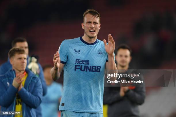 Dan Burn of Newcastle United applauds the fans after the Premier League match between Southampton and Newcastle United at St Mary's Stadium on March...