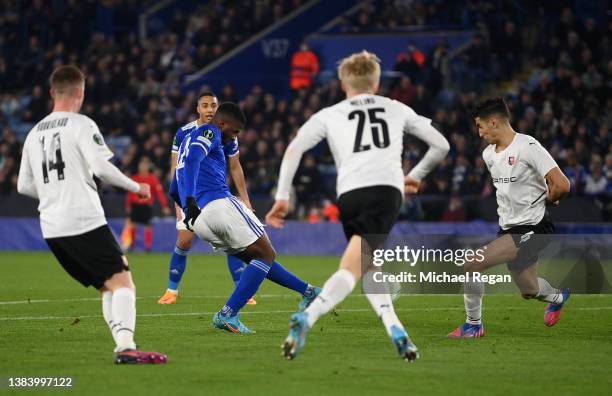 Kelechi Iheanacho of Leicester City scores their team's second goal during the UEFA Conference League Round of 16 Leg One match between Leicester...