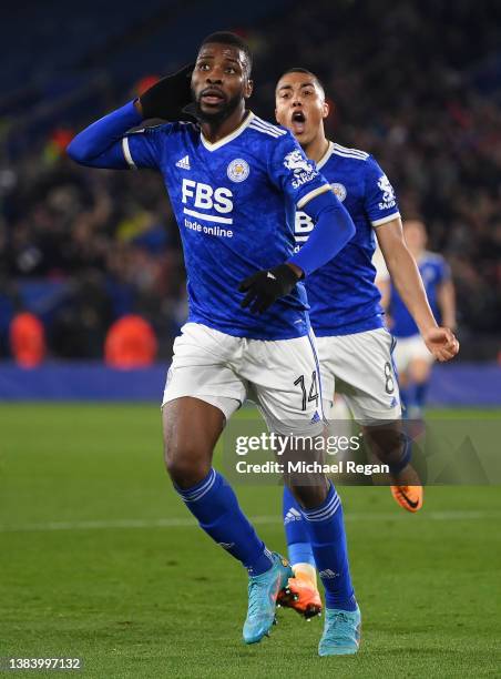 Kelechi Iheanacho celebrates with Youri Tielemans of Leicester City after scoring their team's second goal during the UEFA Conference League Round of...