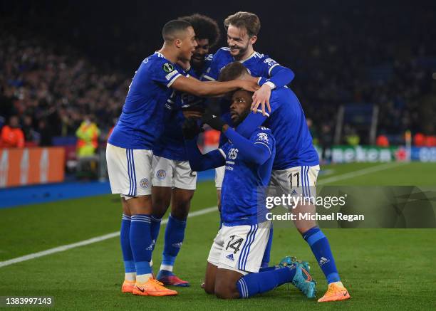 Kelechi Iheanacho of Leicester City celebrates with teammates after scoring their team's second goal during the UEFA Conference League Round of 16...