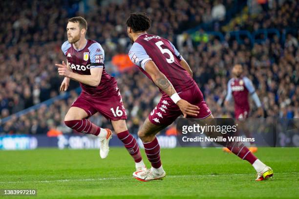 Calum Chambers of Aston Villa celebrates after scoring his team's third goal during the Premier League match between Leeds United and Aston Villa at...