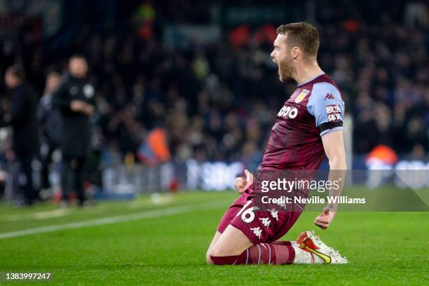 Calum Chambers of Aston Villa celebrates after scoring his team's third goal during the Premier League match between Leeds United and Aston Villa at...