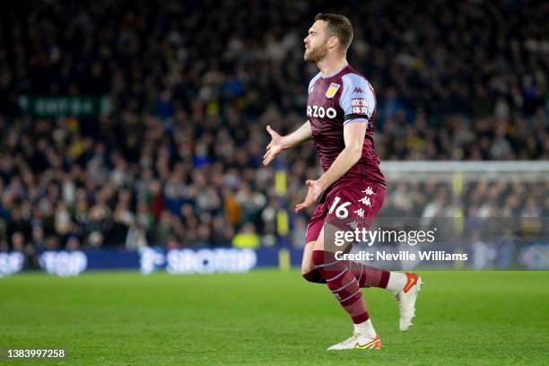 Calum Chambers of Aston Villa celebrates after scoring his team's third goal during the Premier League match between Leeds United and Aston Villa at...