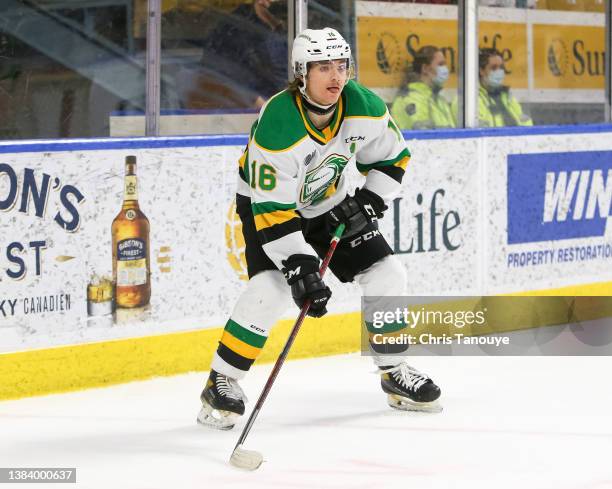 Carson Rehkopf of the London Knights skates against the Kitchener Rangers at Kitchener Memorial Auditorium on March 08, 2022 in Kitchener, Ontario.