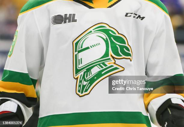 Detail of the London Knights logo during a game against the Kitchener Rangers at Kitchener Memorial Auditorium on March 08, 2022 in Kitchener,...