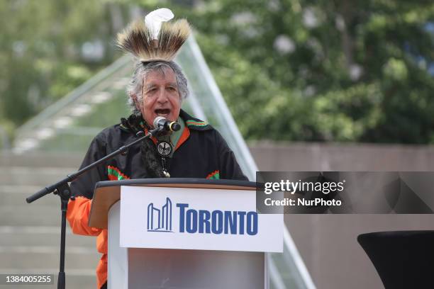 Gary Soux, Chief of the Mississauga New Credit First Nation offers a special prayer during Canada Day celebrations in Toronto, Ontario Canada, on...