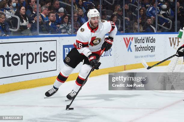 Austin Watson of the Ottawa Senators skates against the St. Louis Blues at the Enterprise Center on March 8, 2022 in St. Louis, Missouri.