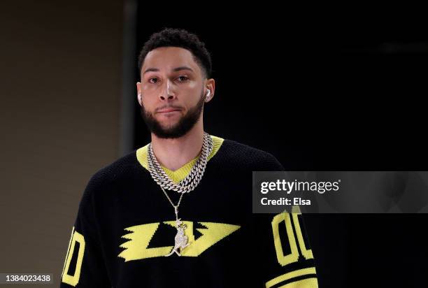 Ben Simmons of the Brooklyn Nets walks in the visitor entrance before the game against the Philadelphia 76ers at Wells Fargo Center on March 10, 2022...