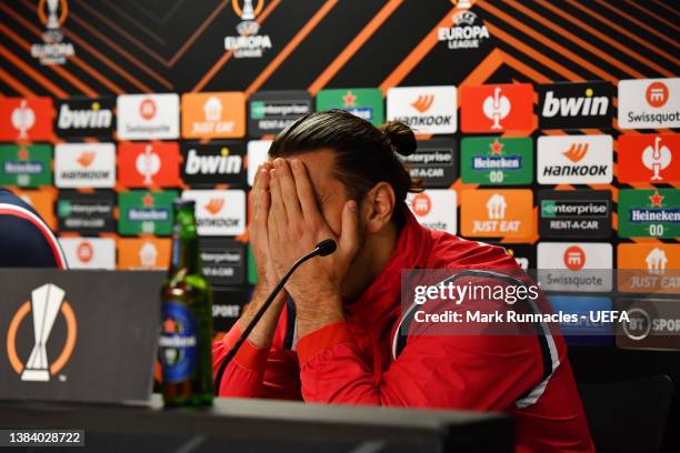 Aleksandar Dragovic of Crvena Zvezda reacts during a press conference following their defeat in the UEFA Europa League Round of 16 Leg One match...