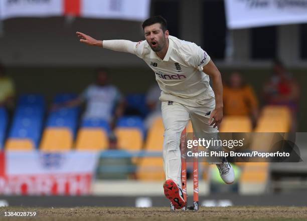 Mark Wood of England reacts during the third day of the first Test against West Indies at Sir Vivian Richards Stadium on March 10, 2022 in Antigua,...