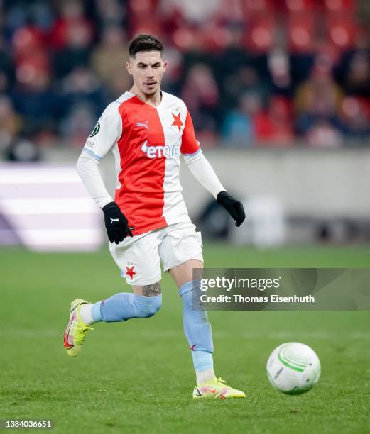 Srdjan Plavsic of Praha in action during the UEFA Conference League Round of 16 Leg One match between Slavia Praha and LASK at on March 10, 2022 in...