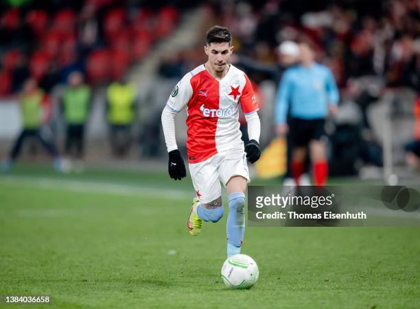 Srdjan Plavsic of Praha in action during the UEFA Conference League Round of 16 Leg One match between Slavia Praha and LASK at on March 10, 2022 in...