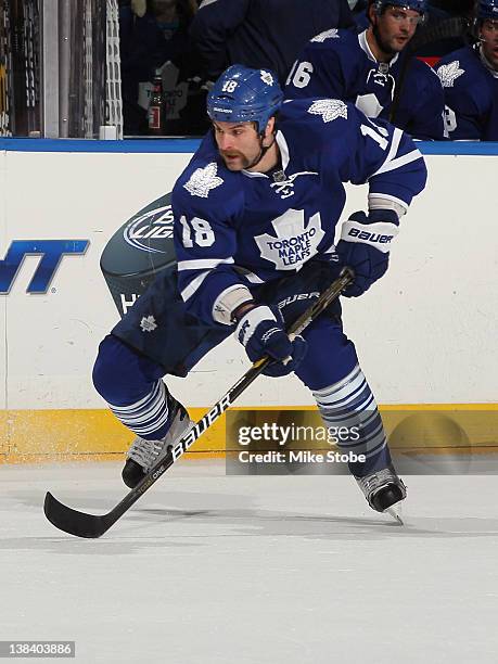 Mike Brown of the Toronto Maple Leafs skates against the New York Islanders at Nassau Veterans Memorial Coliseum on January 24, 2012 in Uniondale,...