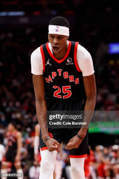 Chris Boucher of the Toronto Raptors reacts during the second half of their NBA game against the Detroit Pistons at Scotiabank Arena on March 3, 2022...