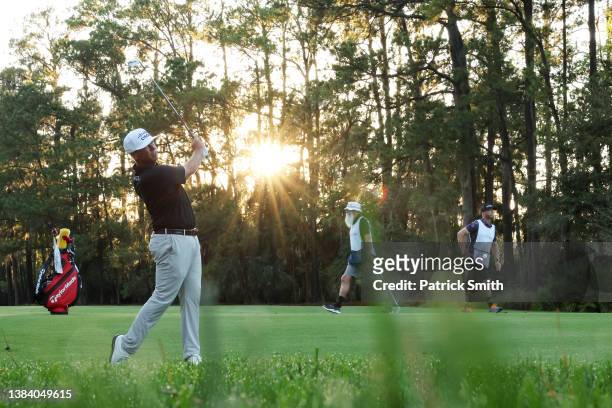Chez Reavie of the United States plays an approach shot on the tenth hole during the first round of THE PLAYERS Championship on the Stadium Course at...