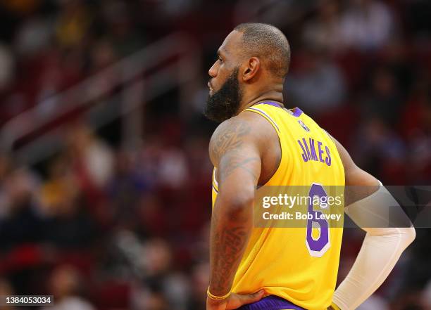 LeBron James of the Los Angeles Lakers against the Houston Rockets at Toyota Center on March 09, 2022 in Houston, Texas. NOTE TO USER: User expressly...