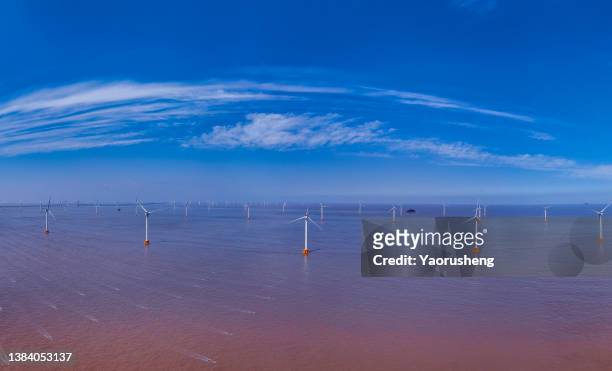 aerial view of  an offshore wind farm, eastern shanghai coast,china - wind farms stockfoto's en -beelden