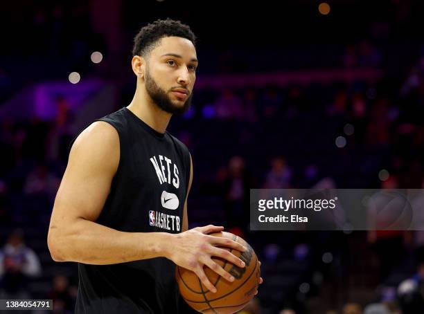 Ben Simmons of the Brooklyn Nets warms up before the game against the Philadelphia 76ers at Wells Fargo Center on March 10, 2022 in Philadelphia,...
