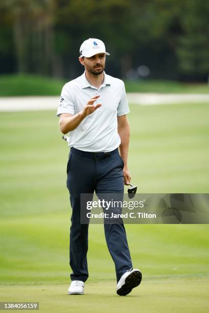 Kyle Stanley of the United States waves on the seventh green during the first round of THE PLAYERS Championship on the Stadium Course at TPC Sawgrass...