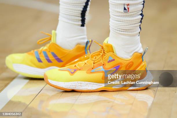 Detail shot of the shoes worn by Austin Rivers of the Denver Nuggets in the first quarter against the Sacramento Kings at Golden 1 Center on March...