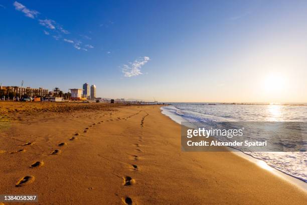 barceloneta beach at sunrise, barcelona, spain - barceloneta beach stock pictures, royalty-free photos & images