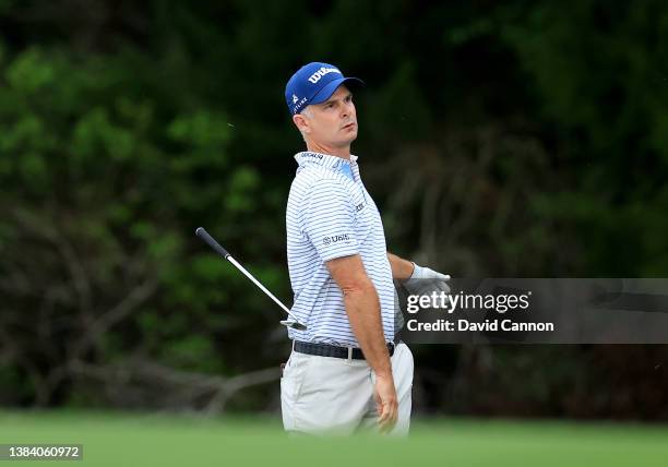 Kevin Streelman of The United States plays his second shot on the par 4, 14th hole during the first round of THE PLAYERS Championship at TPC Sawgrass...