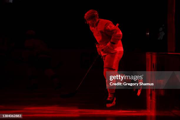 Adam Erne of the Detroit Red Wings takes the ice to play the Minnesota Wild at Little Caesars Arena on March 10, 2022 in Detroit, Michigan.