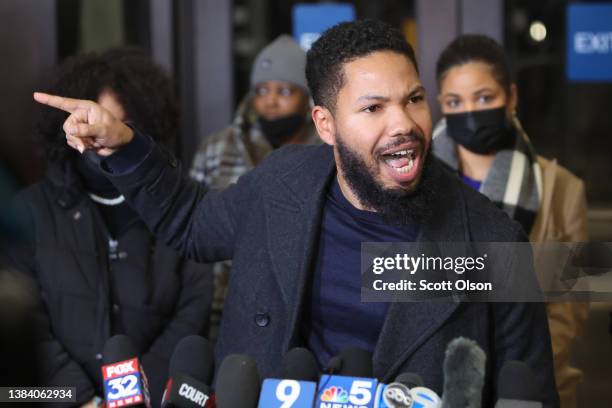 Jocqui Smollett, the brother of former "Empire" actor Jussie Smollett, speaks to the press at the Leighton Criminal Courts Building after his brother...