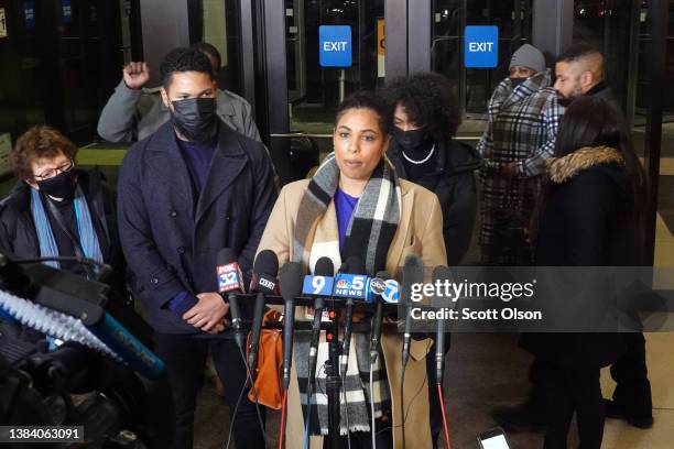 Surrounded by other family members, Jazz Smollett, the sister of former "Empire" actor Jussie Smollett, speaks to the press at the Leighton Criminal...