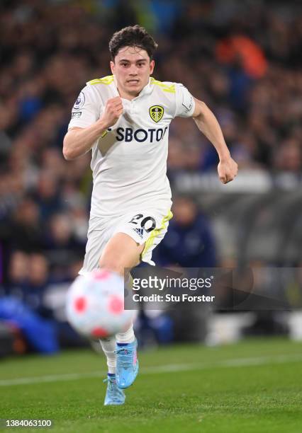 Leeds player Daniel James in action during the Premier League match between Leeds United and Aston Villa at Elland Road on March 10, 2022 in Leeds,...